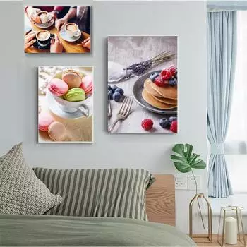 Вкусное миндальное печенье, фруктовый десерт, кофе, хлеб, кухонный постер, холст, картина, настенная художественная картина для столовой, ресторана 21X30cm No Frame