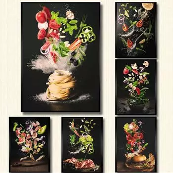 Вкусное мясо и ингредиенты, кухонный холст, картина, макароны, лапша, летающая еда, плакат, настенное искусство, столовая, кухонный Настенный декор 21x30cm No Frame