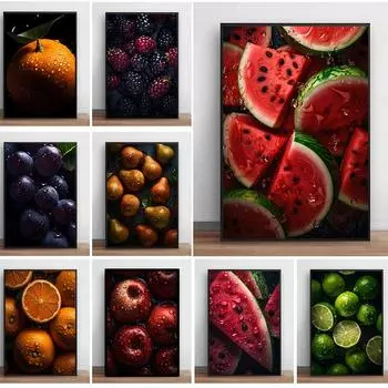 Вкусные фрукты, кухня, холст, картины, арбуз, банан, яблоко, лимон, постер, настенное искусство, HD изображение для декора интерьера, безрамное 21x30cm No Framed