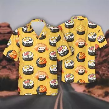 Вкусные суши креветки Графический Женские пляжные рубашки хип-хоп гавайские рисовые шарики лацкан блузка фастфуд бенто рубашка для мужчин топы S