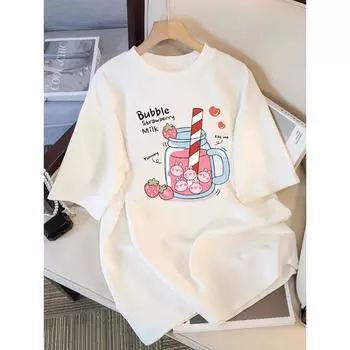 Вкусный клубничный напиток Принтованная женская футболка Летняя дышащая Уличная повседневная Спортивная Прохладная с коротким рукавом Женская одежда XS