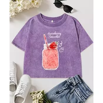 Вкусный принт с клубничным смузи, выстиранная облегающая футболка, женский кроп-топ, летняя одежда, футболка с круглым вырезом, хлопковый топ M