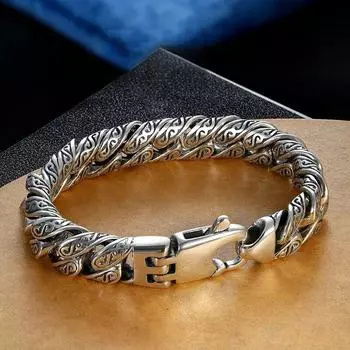 Властный стиль Серебряный браслет Мужской Тан Трава Узор Мужская гегемония Европейская и американская мода Браслет Ювелирные изделия 18cm