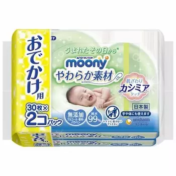 [Влажные салфетки] Мягкий материал Moony, 99% чистой воды, для выхода в свет, 60 листов (30 листов х 2)