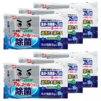 Влажные салфетки Rec Alcohol, 30 листов x 6 шт. в упаковке, антибактериальные, щелочные, электролизованные, с водой, удаляют масляные пятна, дезинфицирующее средство Gekiochi-kun /