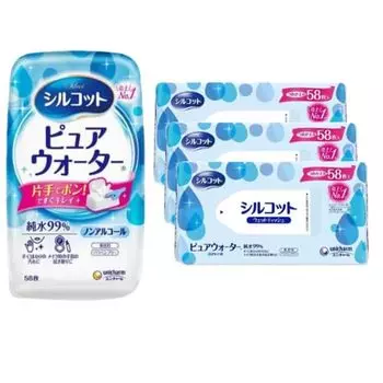 Влажные салфетки Silcot Wet Tissue Pure Water 58 листов 58 сменных блоков x 3 +