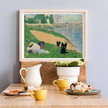 Влюбленные кошки холст картины зеленые абстрактные постеры Сена с одеждой на берегу настенные художественные принты картинки для декора комнаты 21x30cm No Framed