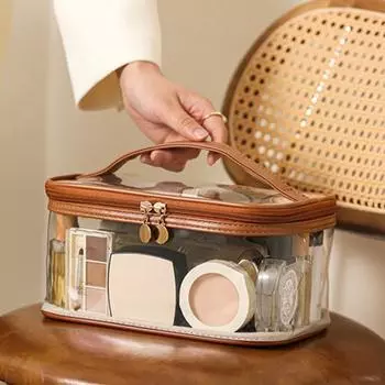 Вместимость сумки Водостойкая с ручкой Большая прозрачная косметическая двухслойная косметичка на молнии для туалетных принадлежностей розовый