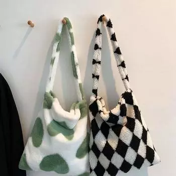 Вместимость Женская сумка из овечьего флиса с леопардовым принтом и ромбами Сумка через плечо Сумка-тоут Мягкая сумка на плечо E