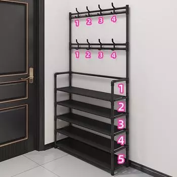 Вместительная многофункциональная полка для хранения вещей — ширина 60 см, 4/5 ярусов, 8 двойных крючков, многоцелевая вешалка, самостоятельная сборка — идеально подходит для гостиной, ванной комнаты Black Four Layers-23.62inch*10.24inch*61.02inch