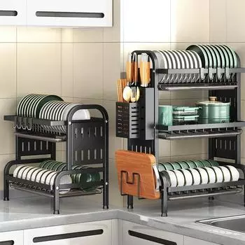 Вместительная стойка с поддоном для слива, полка для тарелок из углеродистой стали, трубка для столовых приборов, разделочная доска, место для хранения кухонных принадлежностей