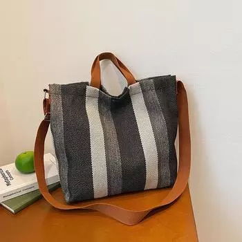Вместительная сумка-тоут для студентов колледжей на занятиях. Женская универсальная полосатая холщовая сумка через плечо 2025 года. чёрный