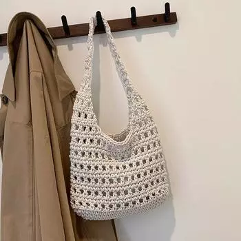 Вместительная тканая сумка для рабочей одежды, женская, лето 2024, новинка, ретро, вязаная сумка с вырезами, свободная сетчатая пляжная сумка White
