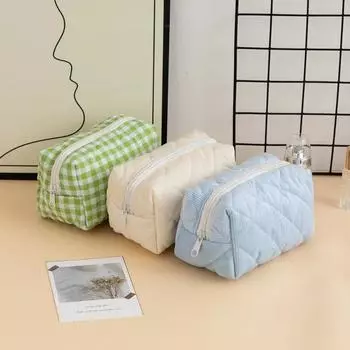 Вместительная вельветовая косметичка, клетчатая сумка для хранения помады, стеганая сумка из хлопка с добавлением хлопка для хранения кабеля для наушников белый