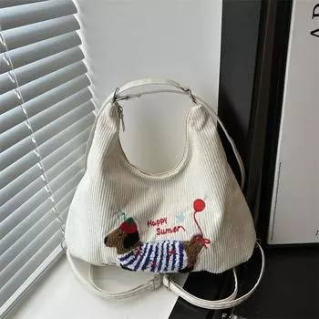 Вместительная женская вельветовая сумка-тоут, модная, с милым таксой, на молнии, на плечо, сумка-мессенджер для работы или путешествий 35x6.5x26cm белый