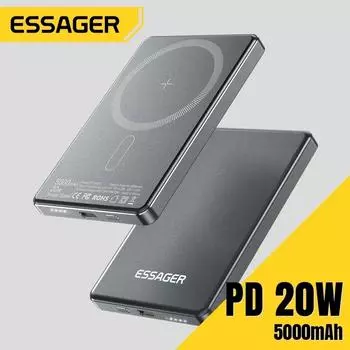 Внешнее зарядное устройство Essager Thin Power Bank 5000 мАч для iPhone 15 14 13 Pro Max Power Bank PD 20 Вт, магнитное беспроводное зарядное устройство 5000mAh серый
