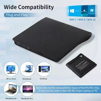 Внешний CD DVD привод USB 3.0 тонкий портативный подходит для DVD-R DVD-RW плеера записывающего устройства для ПК ноутбука настольного компьютера Windows 10/8/7 black
