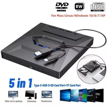 Внешний привод CD DVD USB 3.0 Type-C SD TF Card Reader Портативный проигрыватель компакт-дисков DVD ROM Устройство записи дисков Rewriter для портативных ПК Mac чёрный