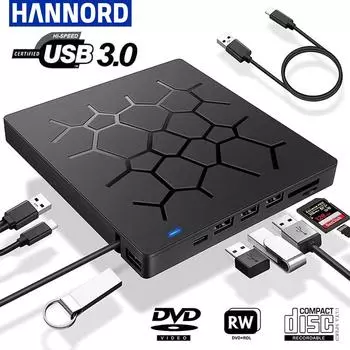 Внешний привод CD/DVD USB 3.0 Type-C DVD-плеер 6 в 1Оптический привод со слотами SD/TF и USB3.0 Оптические приводы для ноутбуков black