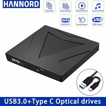 Внешний USB 3.0/Type-C DVD RW CD оптический привод CD/DVD-ROM CD-RW плеер записывающее устройство портативное устройство чтения рекордер для ноутбуков Mac USB 3.0 Black