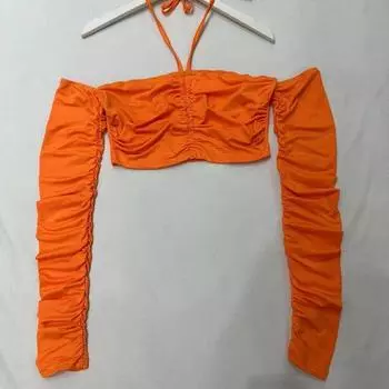 Внешний Заказ Сексуальная Женская Одежда с Открытыми Плечами Топ-Труба с Длинными Рукавами Однотонная Универсальная Футболка Короткий Наряд с Открытым Животом Облегающие Топы с Открытой Спиной Orange Red M