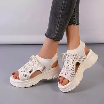 Внешняя торговля 2024 года, летние однотонные сандалии в римском стиле с круглым носком, шнуровкой спереди, на толстой подошве, женские римские сандалии с мушками 35