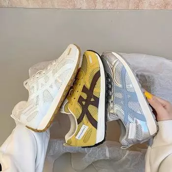 Внешняя торговля европейские товары 2025 лето новые универсальные сетчатые повседневные спортивные туфли женские с толстой подошвой на шнуровке для бега для папы 35 жёлтый