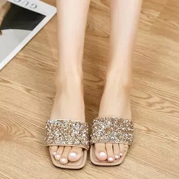 Внешняя торговля, новые односложные сандалии со стразами, женская летняя одежда 2025 года, квадратная головка, открытый носок, мягкая подошва, плоская подошва, пляжная женская обувь 36 розы красного