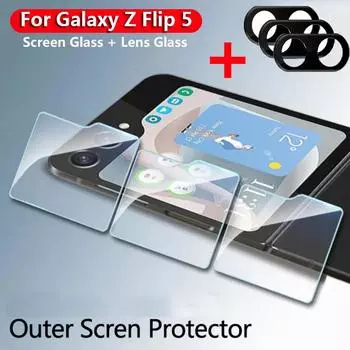 Внешняя защитная пленка для экрана для Samsung Galaxy Z Flip 5 Flip5 HD Прозрачное закаленное стекло 9H Маленькое стекло для экрана + объектив Камера Защитная пленка Zflip5 5G for Samsung Z Flip 5 очистить бежевого
