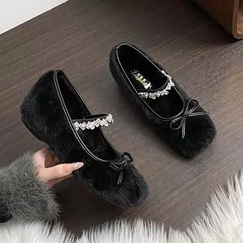 Внутреннее увеличение высоты Французские Мэри Джейн пушистые туфли женские осень и зима бархатная верхняя одежда хлопковые туфли Дуду обувь теплая маленький размер 31 женские 31