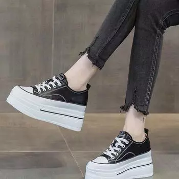 Внутренние белые туфли, увеличивающие рост, женские, весенние, новые, с круглым носком, на шнуровке, дышащие, мягкие, для девочек, для студентов, увеличивающие рост, повседневные туфли-бублики 35 чёрный