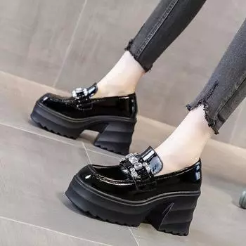 Внутренние кожаные туфли, увеличивающие рост, женские, новинка 2024 года, универсальные, на толстой подошве, на толстом каблуке, туфли Мэри Джейн 35 чёрный
