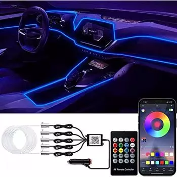 Внутренние светодиодные ленты автомобиля с беспроводным приложением и дистанционным управлением RGB 5 в 1 комплектах окружающего освещения с 236-дюймовым оптоволоконным кабелем 16 миллионов цветов автомобиля 28x5x5cm