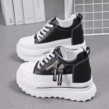 Внутренние завышенные белые туфли женские дышащие маленькие повседневные туфли на высоком каблуке и платформе 35 чёрный