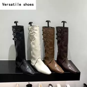 Внутренние женские сапоги до колена, модные элегантные туфли с пряжкой на ремне, осенне-зимние, с острым носком, женские длинные сапоги в стиле рыцаря 35
