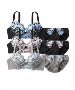 Внутренний бюстгальтер с цветочной вышивкой и комплект [Nissen], шорты, 3 комплекта, 3 комплекта (темный цвет), D70/M