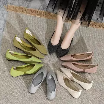 Внутренняя часть с заостренным носком и неглубоким горлом. Одиночные туфли. Женские трикотажные тканые туфли. Обувь на плоской подошве с одной педалью. 34