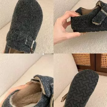 Внутренняя часть усилена, Mori Birkenstocks на толстой подошве, женские однопедальные туфли из бархата и хлопка, пушистые туфли 35 темно-коричневого