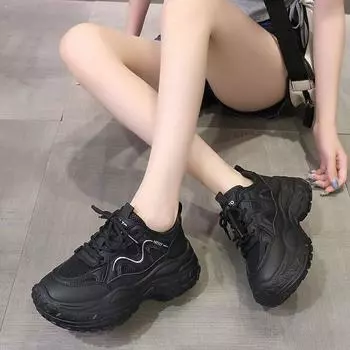 Внутренняя высота 7 см. Женские туфли Daddy Shoes, летние, сотня подходящих друг к другу, толстая подошва, дышащие, легкие, повседневные туфли 35 чёрный