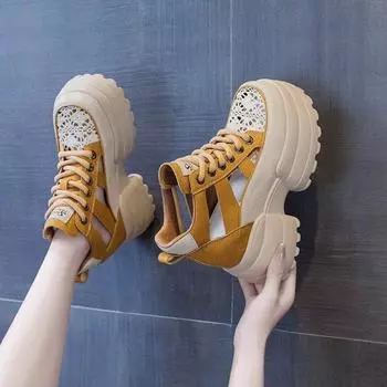 Внутренняя высота каблука-мешка сандалии женские 2024 лето новые толстые подошвы кекс римская мода спортивные танкетка полый каблук 35 жёлтый