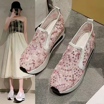 Внутренняя высота, кружево, блестки, женская обувь, дышащая, сетчатая, повседневные бахилы, толстая подошва для кексов, женская обувь, кроссовки 35 розовый