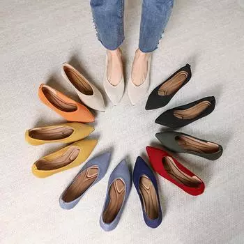 Внутренняя высота увеличивается пружина остроносый носок неглубокий носок вязаные туфли большой размер плоская подошва обувь для женщин 34 красный