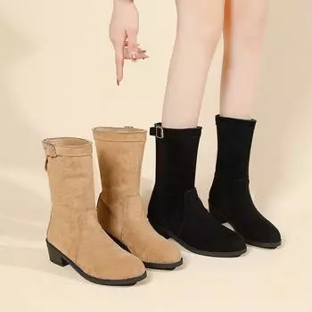 Внутри 7 см толстый каблук ретро плиссированные замшевые сапоги штабелированные маленькие короткие сапоги женские модные и удобные 35 хаки