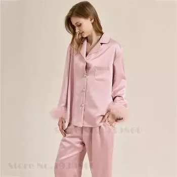 Внутри бархатная домашняя одежда брючные костюмы осень зима женская пижама 2 шт пижамный комплект невесты свадьба перо атласная домашняя одежда M