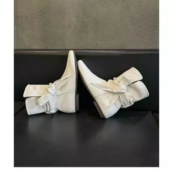 Внутри белые ботинки челси модные и удобные женские короткие ботинки с бантом и плоским дном с квадратным носком винтажные узкие ботинки в стиле вестерн 35 белый