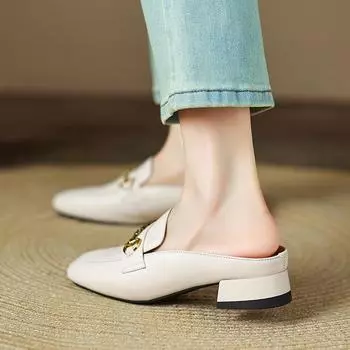 Внутри и снаружи полностью из натуральной кожи, толстый каблук 3 см, туфли-туфли с высоким каблуком, средний каблук, импортная торговля, полуподдержка, летние повседневные сандалии, одинарные туфли 34