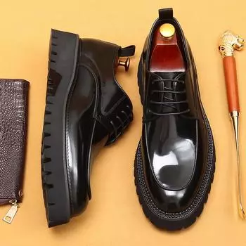 [Во время мероприятия] Британские повседневные кожаные туфли для мужчин, официальная деловая обувь на толстой подошве, лакированная кожа с глянцевым блеском 38 коричневый