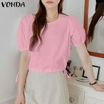 VODNA женская летняя круглая шея с пузырьками и короткими рукавами, завязка на шнурке, однотонная свободная блузка