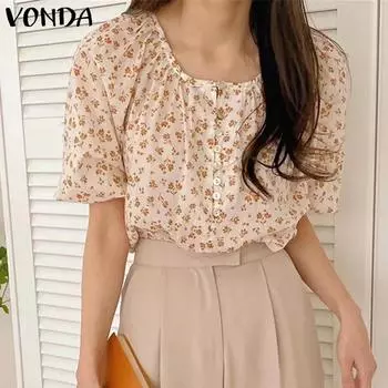 VODNA женская летняя однотонная свободная блузка с круглым вырезом и короткими рукавами и пуговицами с цветочным принтом