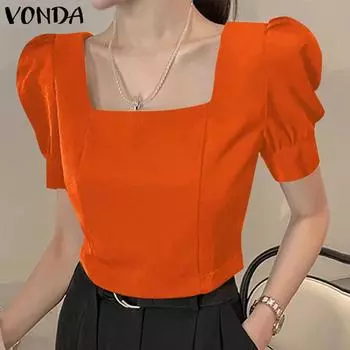 VODNA женская летняя однотонная свободная блузка с квадратным вырезом и короткими рукавами S чёрный